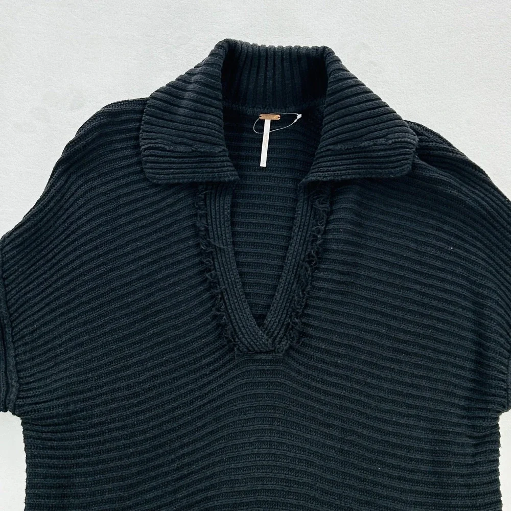 Free People Sweater Womens Small Black Chunky Rib Knit Collared Deep V Pullover